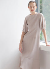 Relaxed Fit Linen Midi Dress with Puff Half Sleeves and Flared Hemline Detail