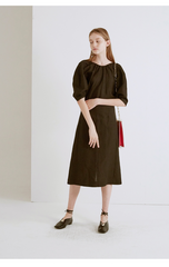 A-Line Linen Dress With Gathered Neckline And Elbow-Length Sleeves