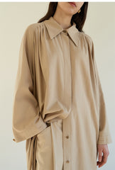 Relaxed Linen Blend Belted Coat Dress with Covered Placket and Draped Back Pleat Detail