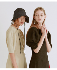 Linen Midi Dress With Puff Sleeves And Open Back Detailing