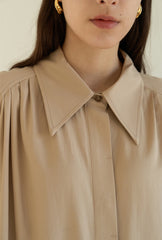 Relaxed Linen Blend Belted Coat Dress with Covered Placket and Draped Back Pleat Detail