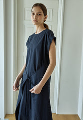 Sleeveless Linen Midi Dress for Women with Adjustable Waist Ties and Relaxed Oversized Silhouette