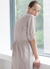 Relaxed Fit Linen Midi Dress with Puff Half Sleeves and Flared Hemline Detail