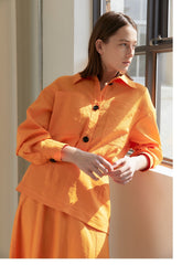 Balloon Sleeve Linen Blouse with Oversized Collar and Front Button Detail for Elegant Styling
