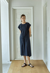 Sleeveless Linen Midi Dress for Women with Adjustable Waist Ties and Relaxed Oversized Silhouette