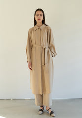 Relaxed Linen Blend Belted Coat Dress with Covered Placket and Draped Back Pleat Detail
