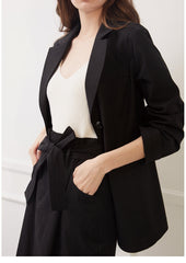 Notched Lapel Linen Blazer with Waist Tie and Tailored Fit for Elevated Everyday Layering