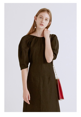 A-Line Linen Dress With Gathered Neckline And Elbow-Length Sleeves