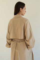 Relaxed Linen Blend Belted Coat Dress with Covered Placket and Draped Back Pleat Detail