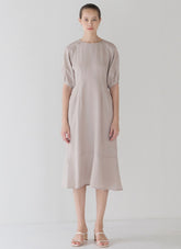 Relaxed Fit Linen Midi Dress with Puff Half Sleeves and Flared Hemline Detail
