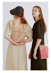 Linen Midi Dress With Puff Sleeves And Open Back Detailing