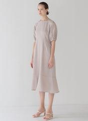 Relaxed Fit Linen Midi Dress with Puff Half Sleeves and Flared Hemline Detail
