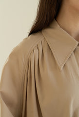 Relaxed Linen Blend Belted Coat Dress with Covered Placket and Draped Back Pleat Detail