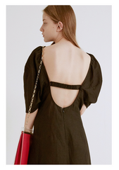 A-Line Linen Dress With Gathered Neckline And Elbow-Length Sleeves