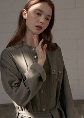 Minimalist Linen Shirt Blazer Dress for Women with Belted Waist and Chest Pockets – Versatile Fit