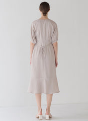 Relaxed Fit Linen Midi Dress with Puff Half Sleeves and Flared Hemline Detail