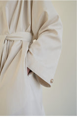 Linen Blend Belted Midi Coat Dress with Soft Shoulder Pleats and Covered Button Placket