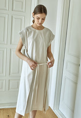 Cap Sleeve Linen Midi Dress for Women with Adjustable Front Wrap Tie and Soft Flowy Silhouette
