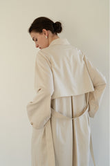 Linen Blend Belted Midi Coat Dress with Soft Shoulder Pleats and Covered Button Placket