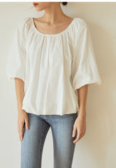 Billowy Linen Blouse with Wide Sleeves and Gathered Scoop Neckline