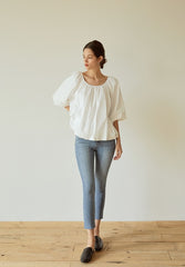 Billowy Linen Blouse with Wide Sleeves and Gathered Scoop Neckline