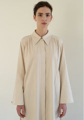 Linen Blend Belted Midi Coat Dress with Soft Shoulder Pleats and Covered Button Placket