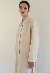 Linen Blend Belted Midi Coat Dress with Soft Shoulder Pleats and Covered Button Placket