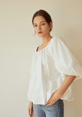 Billowy Linen Blouse with Wide Sleeves and Gathered Scoop Neckline