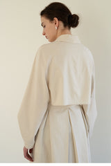 Linen Blend Belted Midi Coat Dress with Soft Shoulder Pleats and Covered Button Placket