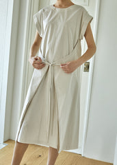 Cap Sleeve Linen Midi Dress for Women with Adjustable Front Wrap Tie and Soft Flowy Silhouette