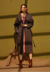 Long Sleeve Silk Midi Dress with V-Neckline, Waist Tie, Side Slits, and Button Front Detail