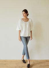 Billowy Linen Blouse with Wide Sleeves and Gathered Scoop Neckline