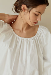 Billowy Linen Blouse with Wide Sleeves and Gathered Scoop Neckline