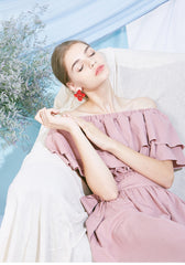 Off Shoulder Ruffle Midi Linen Dress with Waist Belt – Lightweight Summer Linen Fabric