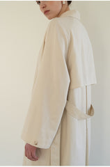Linen Blend Belted Midi Coat Dress with Soft Shoulder Pleats and Covered Button Placket