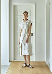 Cap Sleeve Linen Midi Dress for Women with Adjustable Front Wrap Tie and Soft Flowy Silhouette