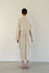 Linen Blend Belted Midi Coat Dress with Soft Shoulder Pleats and Covered Button Placket