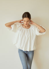 Billowy Linen Blouse with Wide Sleeves and Gathered Scoop Neckline