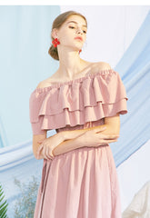 Off Shoulder Ruffle Midi Linen Dress with Waist Belt – Lightweight Summer Linen Fabric