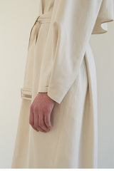 Linen Blend Belted Midi Coat Dress with Soft Shoulder Pleats and Covered Button Placket
