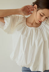 Billowy Linen Blouse with Wide Sleeves and Gathered Scoop Neckline