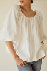 Billowy Linen Blouse with Wide Sleeves and Gathered Scoop Neckline