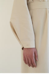 Linen Blend Belted Midi Coat Dress with Soft Shoulder Pleats and Covered Button Placket