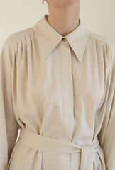 Linen Blend Belted Midi Coat Dress with Soft Shoulder Pleats and Covered Button Placket