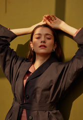 Long Sleeve Silk Midi Dress with V-Neckline, Waist Tie, Side Slits, and Button Front Detail