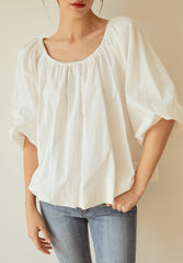 Billowy Linen Blouse with Wide Sleeves and Gathered Scoop Neckline
