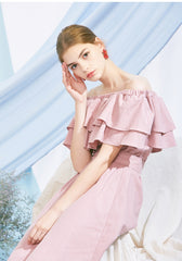 Off Shoulder Ruffle Midi Linen Dress with Waist Belt – Lightweight Summer Linen Fabric