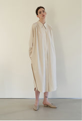 Linen Blend Belted Midi Coat Dress with Soft Shoulder Pleats and Covered Button Placket