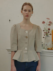 Structured Linen Blouse with Puff Sleeves and Statement Buttons