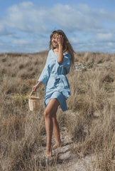 Linen Midi Wrap Dress with Waist Tie and Back Cut-Out Detail